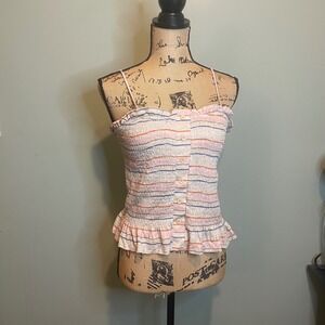Lush Soft Girl Whimsical Dainty Picnic Stripe Smocked Peplum Cami Top Pink Large